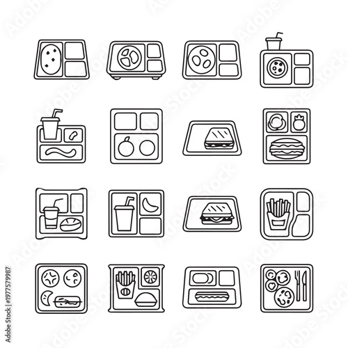 School Lunch Trays with Food Icons Outline Graphics Minimalist Style Isolated on White Background