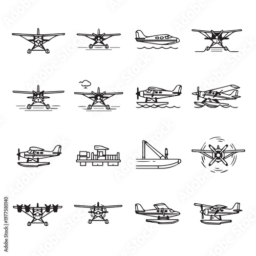 Seaplanes and Docks Collection: Various Aircraft and Marine Structures in Minimalist Line Art Style