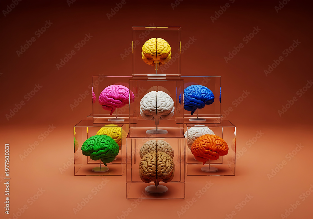 Obraz premium Stack of Colorful Human Brain Models in Glass Cubes Representing Cognitive Diversity and Mental Intelligence
