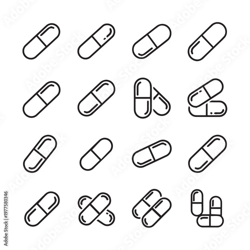 Set of capsule icons with clean linework for medical and pharmaceutical concepts