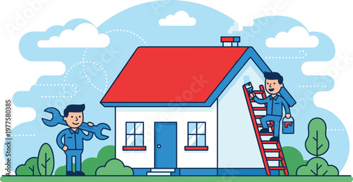 Home maintenance service with workers repairing house roof and exterior renovation modern flat vector illustration for property upkeep concept