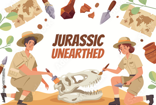 Two enthusiastic paleontologists brush off a dinosaur skull in a vibrant, educational setting that celebrates the excitement of scientific discovery and exploration.