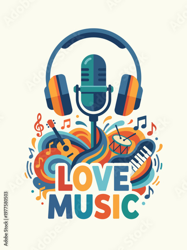 An artistic representation of various musical elements like microphones, instruments, and notes, beautifully arranged to portray the universal theme of love and passion for music.