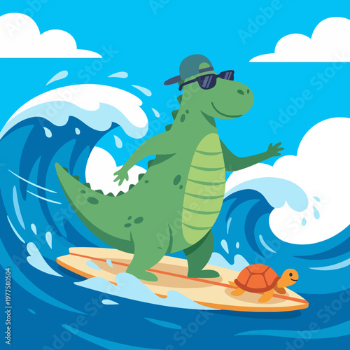 A vibrant and playful illustration of a dinosaur wearing sunglasses and surfing alongside a small turtle, capturing the joy of summer, fun, and whimsical adventures.