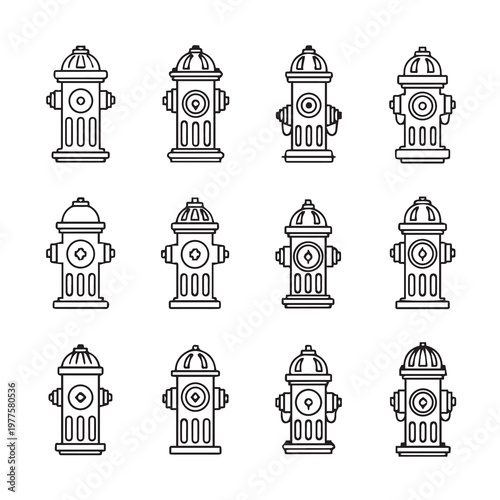 Set of fire hydrant line drawings in a grid on a white background