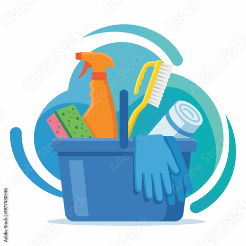 A collection of colorful cleaning supplies, including sprays and sponges, displayed in a blue bucket against a vibrant backdrop, showcasing household organization and cleanliness.