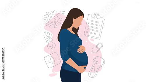 Pregnant woman with medical icons and pink background