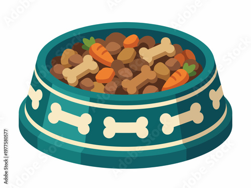 This colorful image features a dog food bowl filled with kibble and vegetables, portraying pet care and the joy pets bring to our lives in a playful manner.