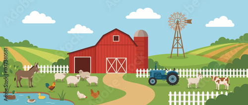 This delightful farm landscape showcases a red barn, tractor, and various animals, encapsulating the essence of rural life and agricultural simplicity.
