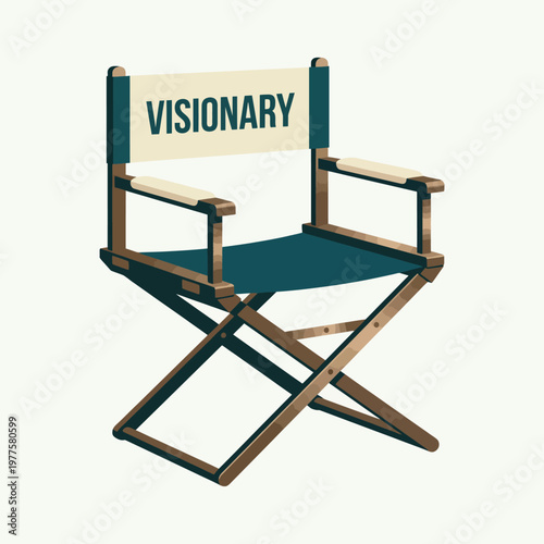 An artistic depiction of a director's chair labeled 'VISIONARY', symbolizing creativity and artistic leadership in film direction and inspired storytelling.