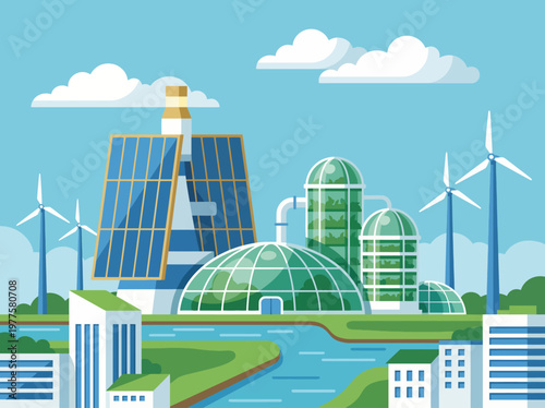 A vibrant eco-city illustration features green energy elements like wind turbines, solar panels, and glass biodomes, showcasing a futuristic vision for sustainable urban living.