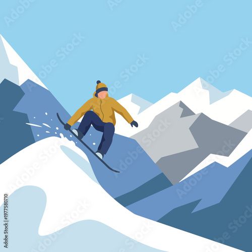 This action-packed image portrays a snowboarder leaping off a snowy slope, set against a breathtaking mountain backdrop, capturing the thrill and adventure of winter sports.