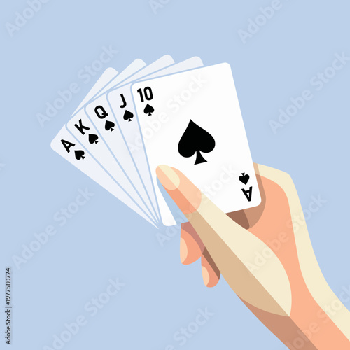 An impressive hand of poker cards featuring Ace to Ten of Spades. This illustration captures the excitement and thrill of card games, representing strategy and chance.