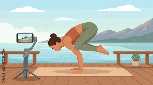 A woman demonstrating a yoga pose on a mat out in nature. A mobile device captures the moment, emphasizing the blend of fitness, technology, and serenity in her practice.