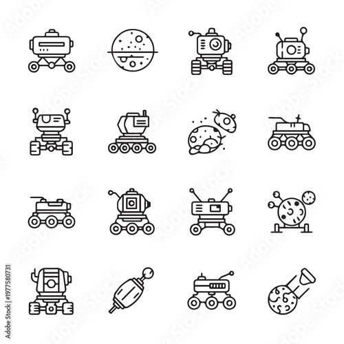 Set of line icons representing lunar rovers and celestial bodies in a minimalist style