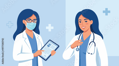 Two healthcare professionals, one with a tablet and the other with a stethoscope, showcase the collaborative environment in modern medicine while promoting patient care and wellness.