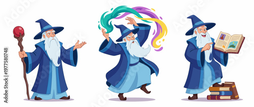 This enchanting wizard character engages audiences with his magical spells, illustrated in playful poses and surrounded by books and mystical elements, perfect for fantasy themes.