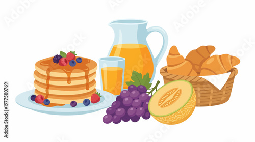 This delightful breakfast spread showcases pancakes, fresh fruits, and juice, embodying indulgent morning rituals and a celebratory start to a day filled with joy and energy.