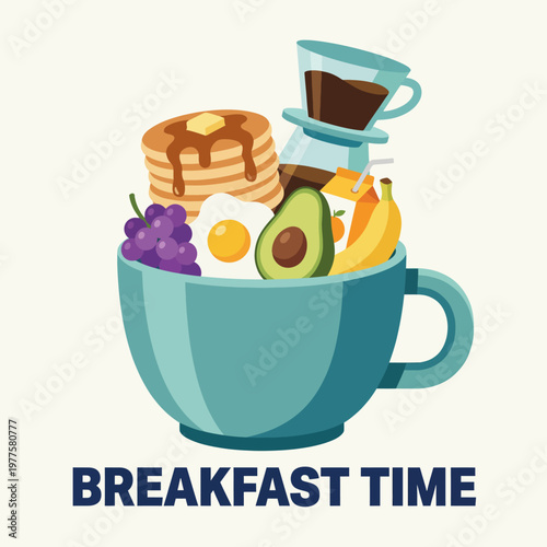 A vibrant, artistic representation of a breakfast scene featuring pancakes, eggs, fruit, and coffee in a large cup, highlighting comfort and morning energy.