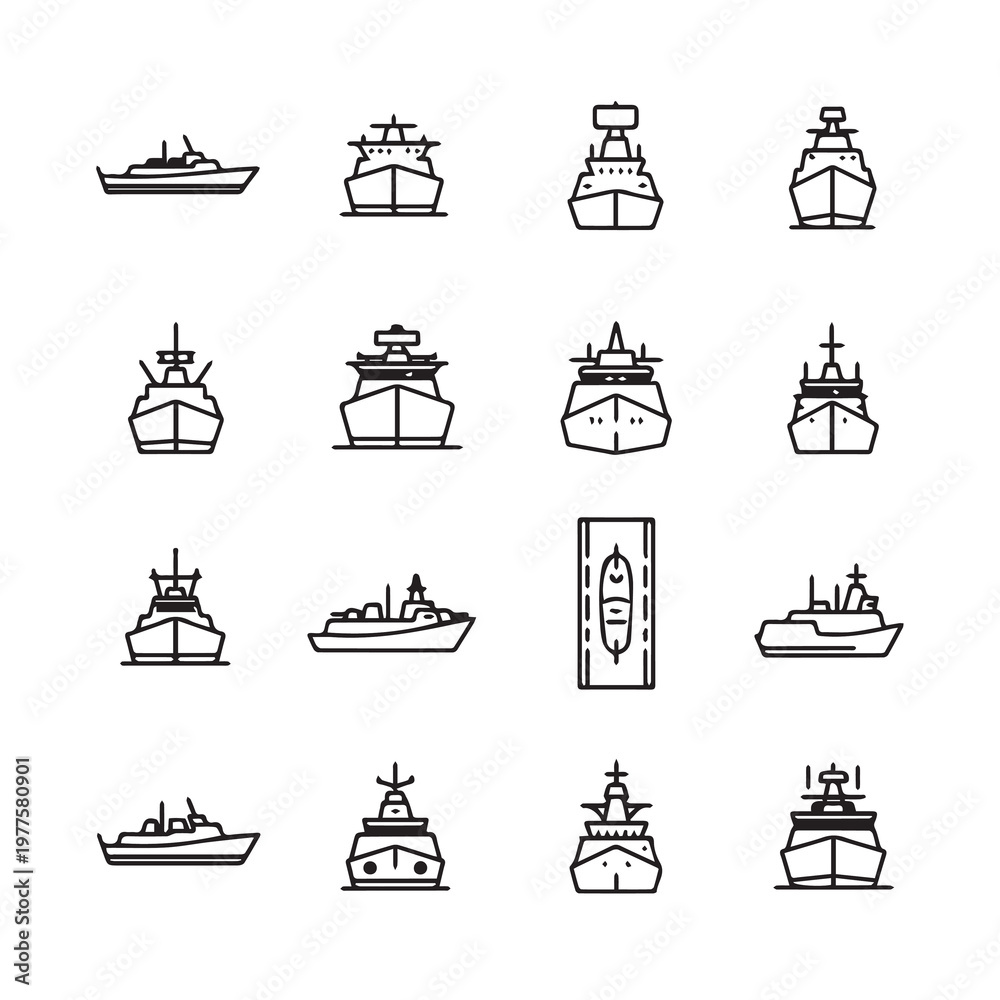Naklejka premium Set of modern warship outlines on a white background
