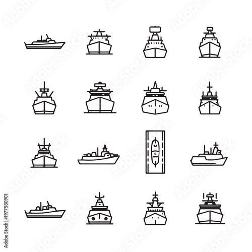 Set of modern warship outlines on a white background