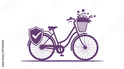 Purple bicycle with flower basket and shield icon on white background