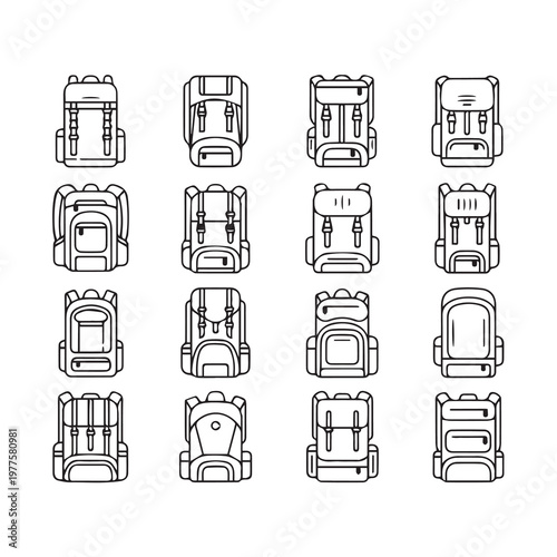 Set of Outline Backpack Icons for Outdoor Adventure and Travel