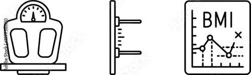 Vector of Body mass index measurement tools and health weight tracking vector icons for medical nutrition consultation