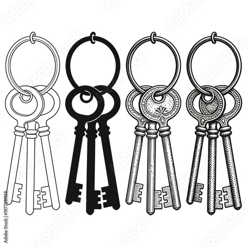 Vintage skeleton keys on ring ancient locksmith tools antique brass door openers.