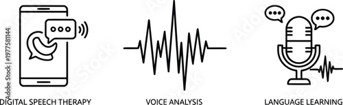 Vector of Digital speech therapy voice analysis and language learning microphone vector icons for speech rehabilitation