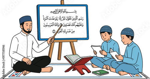 Muslim teacher teaching Arabic scripture to children reading religious text in traditional setting flat vector illustration for cultural education