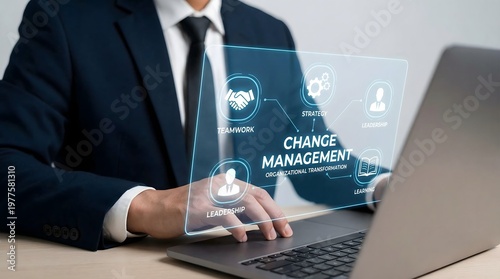 Business professional using holographic interface for change management and organizational transformation concepts