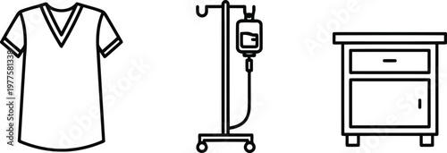 Vector of Medical scrubs uniform and hospital IV drip stand with bedside cabinet vector icon set for clinical equipment