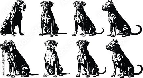Dog Silhouette Collection Featuring Sitting Strong Guard Dogs in Various Poses Domestic Canine Animal Vector Illustration Set for Design Use.