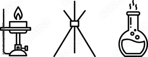 Vector of Laboratory equipment icons set with bunsen burner tripod stand and round bottom glass chemistry flask
