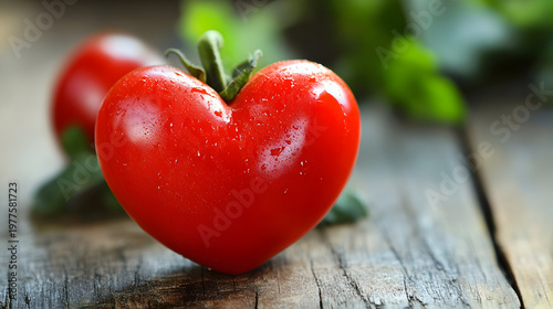 Heart shaped tomato on wooden table with fresh herbs