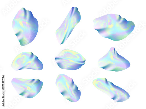 Vibrant colored vaporwave styled abstract twisted ball shapes set, with holographic texture. Y2K hologram abstraction