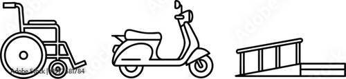 Vector of Accessibility and transportation icons set with wheelchair scooter and ramp for mobility assistance