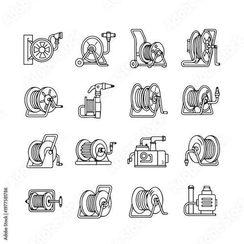 Set of various hose reels for garden watering and cleaning tasks