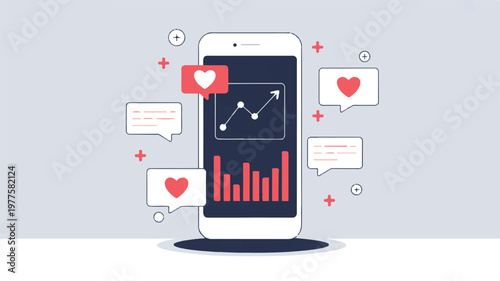 Smartphone with social media engagement metrics on screen showing graph and likes