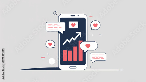 Smartphone with social media engagement metrics on screen showing likes and graph