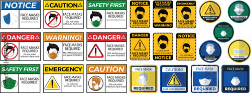 Face mask required safety signs and warning labels for industrial and public areas
