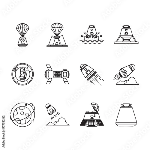 Space capsule landing icons with parachute and splasown on water