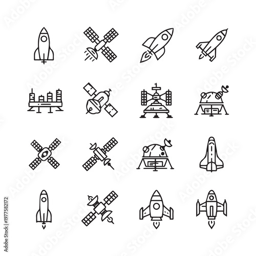 Space Exploration Icons: Rockets Satellites Lunar Modules & CityscapeThin Line Art Set