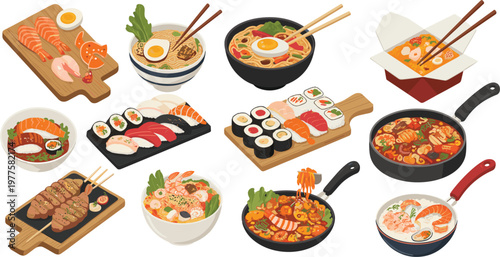 Japanese and Asian cuisine vector set featuring sushi, ramen, seafood and traditional delicious food icons
