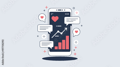 Smartphone with social media engagement metrics on screen with chat bubbles and symbols