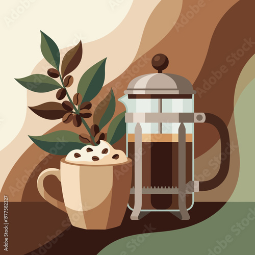 A beautifully illustrated coffee setup depicting a French press alongside a cup topped with whipped cream, complemented by a coffee plant branch and beans for a rich theme.