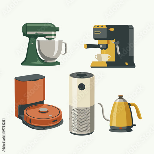 An artistic composition featuring various modern kitchen appliances like mixers, coffee machines, and more, symbolizing convenience and contemporary culinary lifestyle.