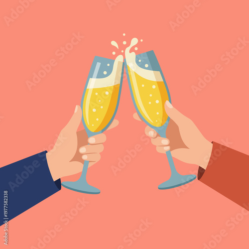A cheerful illustration depicting two hands clinking sparkling wine glasses in a toast, representing celebration, togetherness, and joyful moments shared among friends or family.
