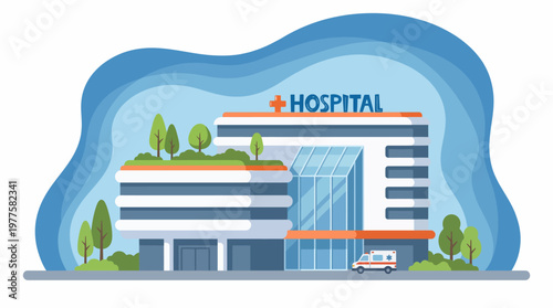 A modern hospital with a sleek architectural design is showcased, emphasizing healthcare services and the importance of patient well-being in a vibrant environment.
